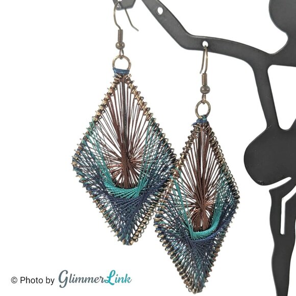 Teal Blue & Brown Diamond Shaped Threaded Long Dangle Earrings - Picture 1 of 9
